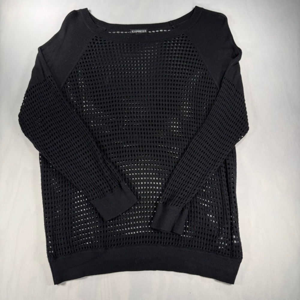 Express Open Knit Mesh Sweater Women Small Black Long Sleeve Scoop Neck 90144